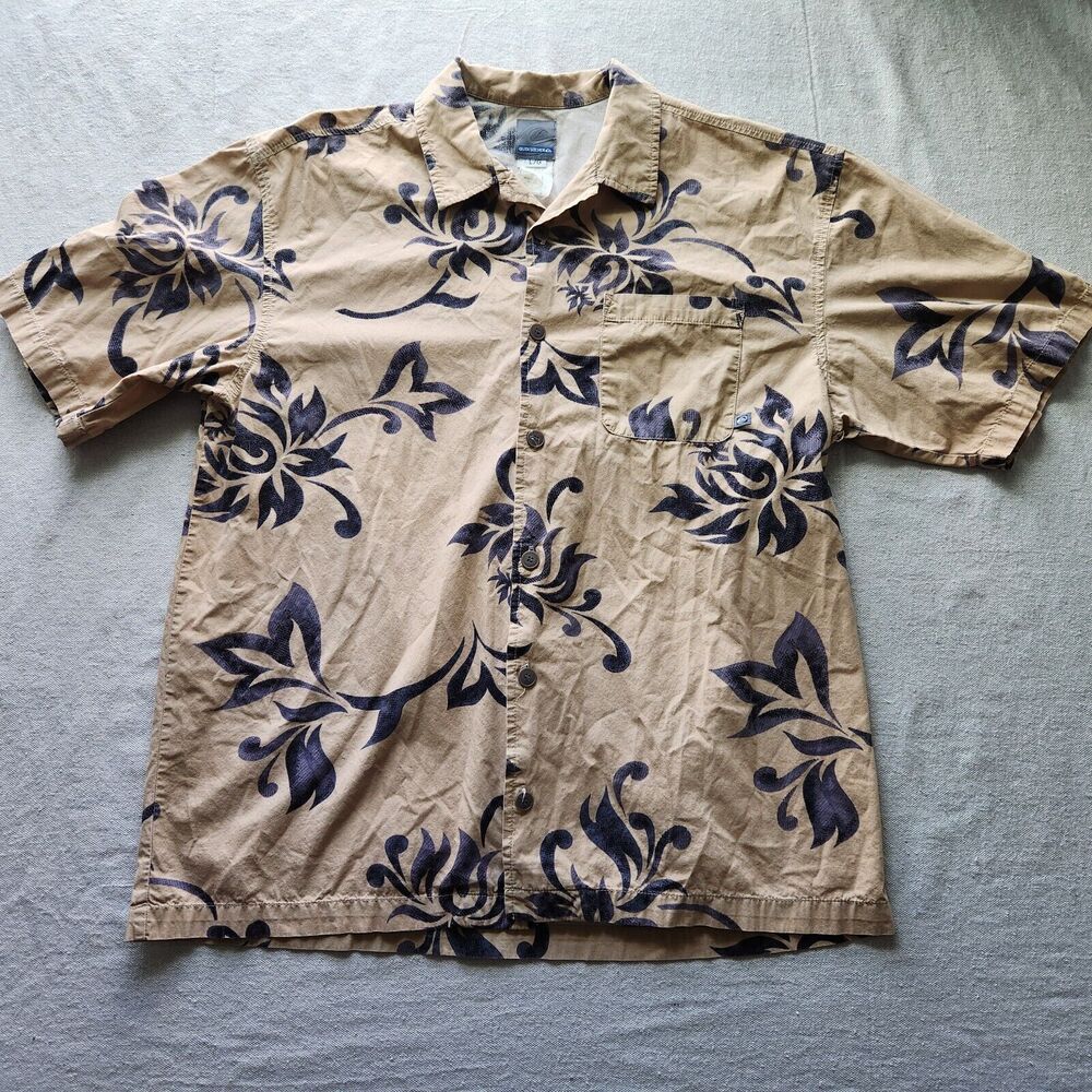 Quiksilver Shirt Mens Large Beige Floral Camp Hawaiian Button Up Casual Cotton